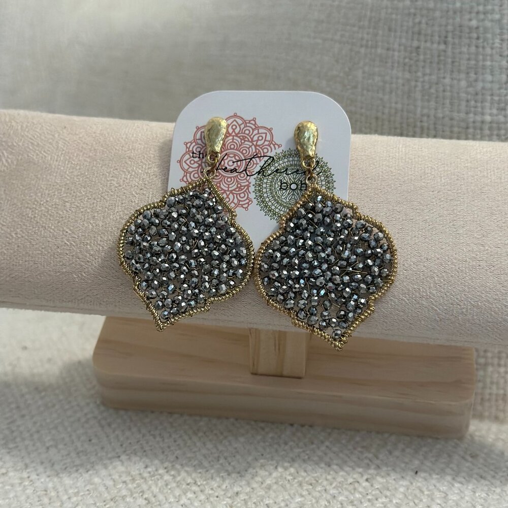 Gold and Grey Beaded Earrings